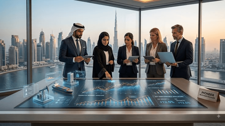 Advisers reviewing data over a city view