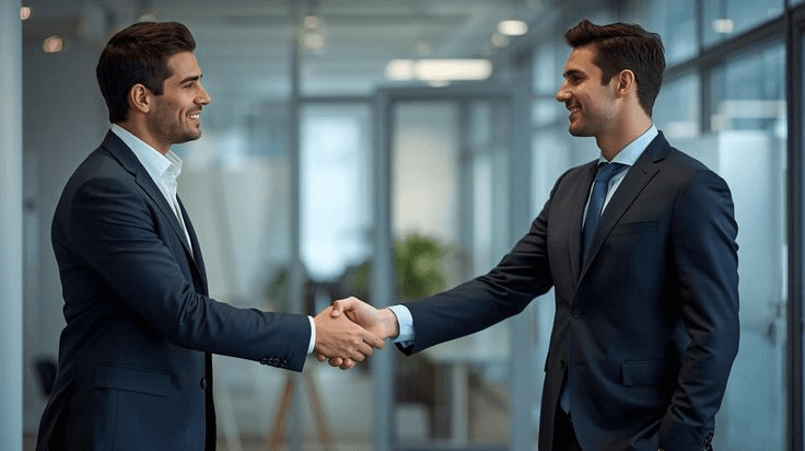 Two business partners shaking hands after agreeing a deal