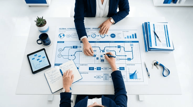 Two advisers planning a company setup on a printed step-by-step chart