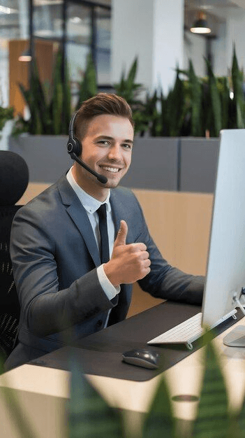 A friendly Workdane consultant at the support desk giving a thumbs up