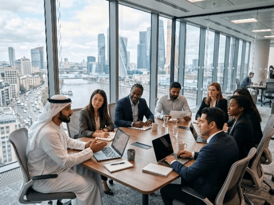 Consultants and business owners meeting around a table with a view over Dubai