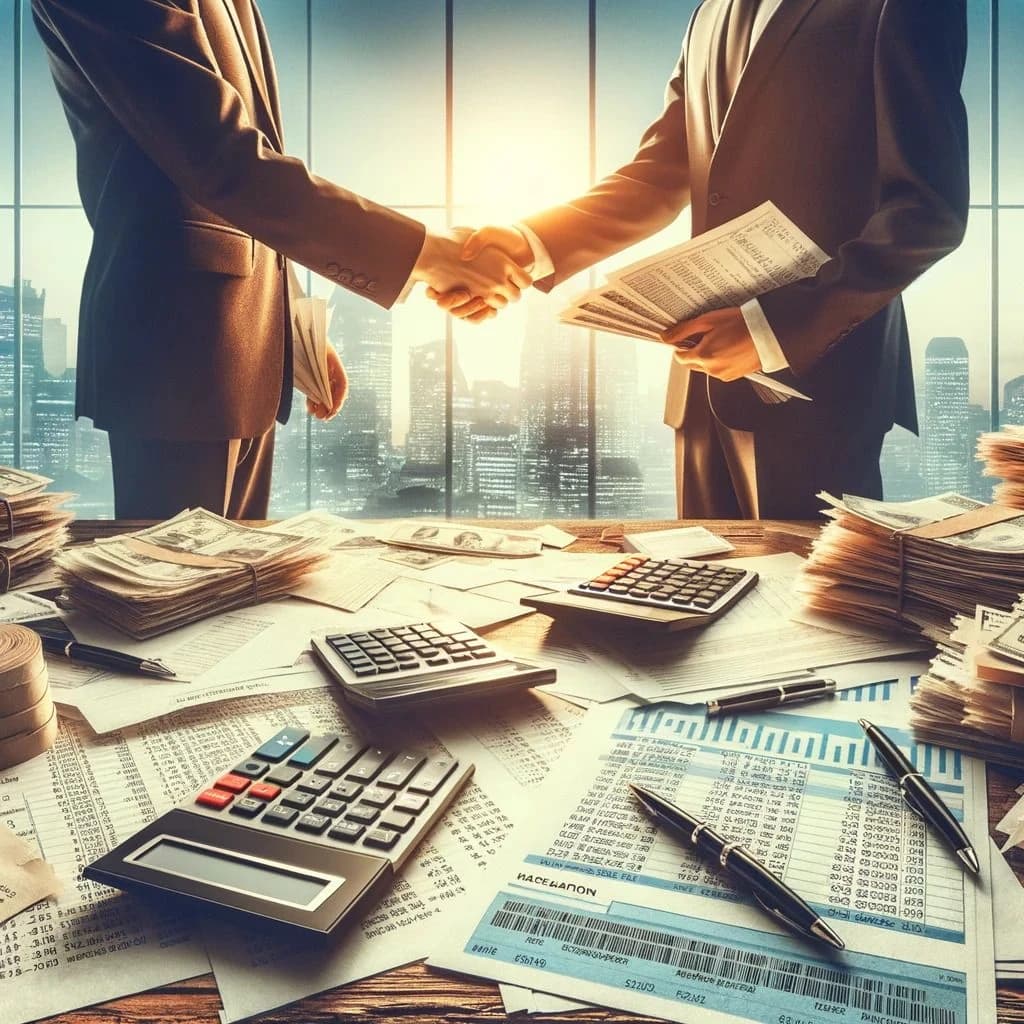 Two business partners shaking hands over a desk of financial documents and calculators